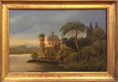 null ECOLE FRANCAISE XIXème siècle Temple au bord d'un lac Huile sur toile 42 x 69...