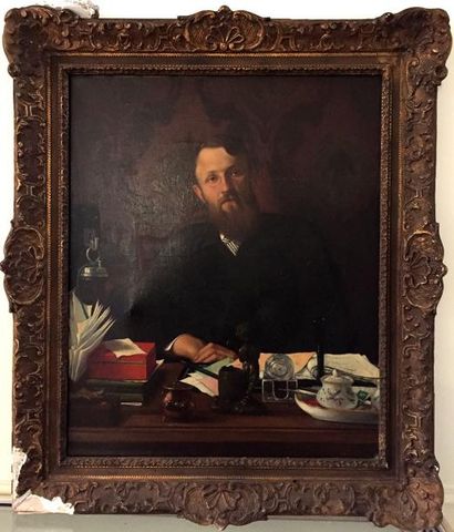null A. BARRE (XIXe) Portrait d'homme à son bureau Toile signée en bas à droite 74...
