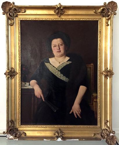 null A. BARRE (XIXe) Portrait de femme à l'éventail Toile signée en bas à gauche...