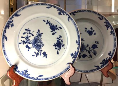null CHINE Paire d'assiettes en porcelaine bleu blanc à décor de fleurs. XVIIIème...