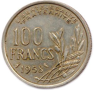 null IVe RÉPUBLIQUE (1946 - 1958) 100 Francs 1958 Paris Cochet en bronze d’aluminium...