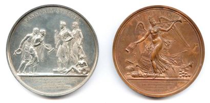 null Coffret orné du N de Napoléon Ier contenant deux médailles (argent et bronze)...