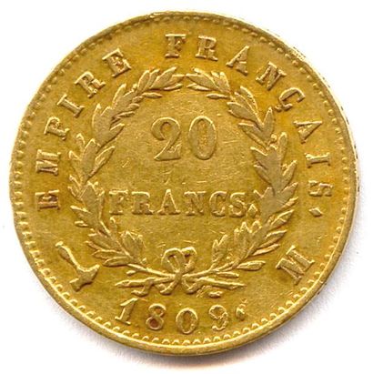 null NAPOLÉON Ier 20 Francs or (tête laurée) 1809 M = Toulouse. T.B.