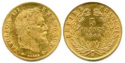 null NAPOLÉON III Lot de deux pièces 5 Francs or (tête laurée) 1863 et 1864 Paris....