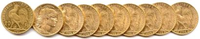 null Lot de 10 pièces 20 Francs or (type au coq) : 1901 (1) et 1903 (9). Superbe...
