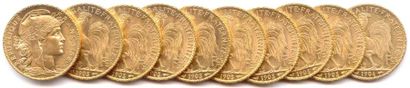 null Lot de 10 pièces 20 Francs or (type au coq) : 1903 (9) et 1904 (1). Superbe...