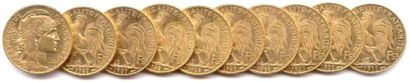 null Lot de 10 pièces 20 Francs or (type au coq) : 1907 (3), 1908 (2), 1909 (1) ,...