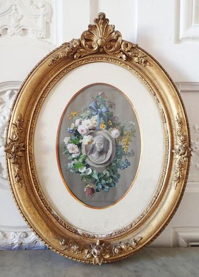 null Jean-Marie REIGNIER (1815-1886) Trompe-l'oeil dans un entourage de fleurs Gouache...