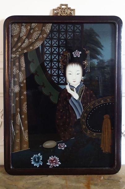 null CHINE Portrait de femme Peinture en fixé sous verre Fin XIXème siècle 53 x 38...