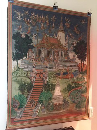 null THAILANDE Tanka représentant une scène de palais. Gouache sur toile XIXème siècle...
