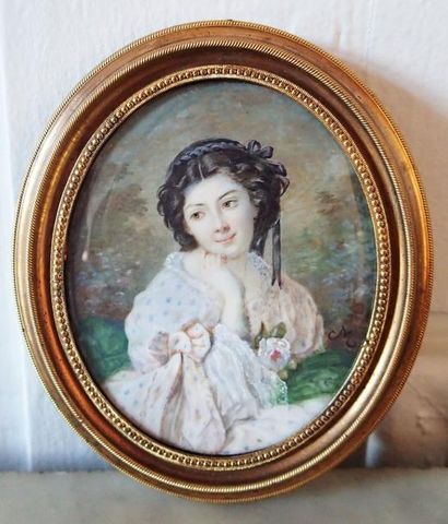 null François MEURET (1800-1887) Attribué à Portrait d’une jeune femme en robe de...