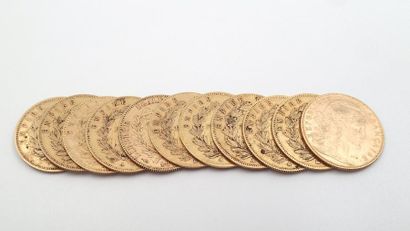 null LOT DE ONZE PIECES en or jaune de dix Francs, dont neuf Napoléon III datant...