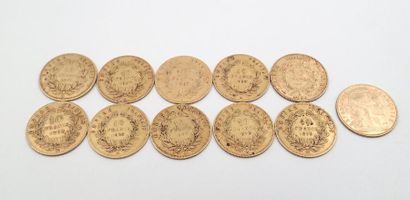 null LOT DE ONZE PIECES en or jaune de dix Francs, dont neuf Napoléon III datant...