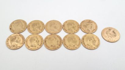 null LOT DE ONZE PIECES en or jaune de dix Francs, dont neuf Napoléon III datant...