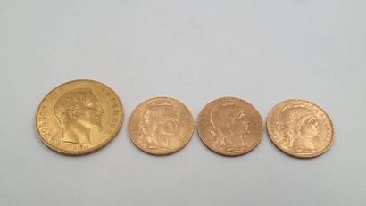 null LOT DE QUATRE PIECES en or jaune comptant une pièce de cinquante Francs Napoléon...