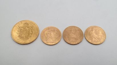 null LOT DE QUATRE PIECES en or jaune comptant une pièce de cinquante Francs Napoléon...