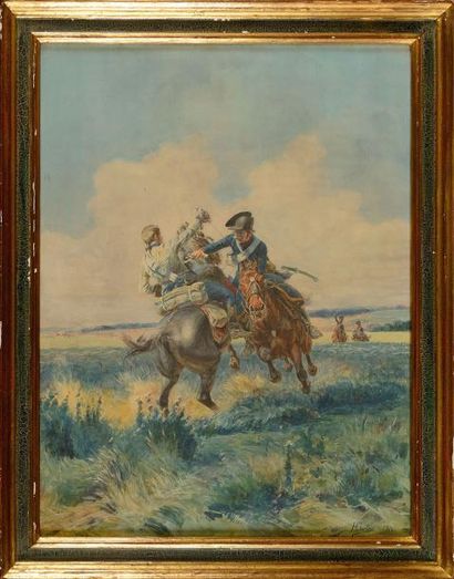 null Henri George CHARTIER (1859-1924). « Combat singulier de cavaliers. Epoque Révolution-Consulat....