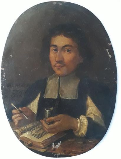 null ECOLE HOLLANDAISE DU XVIIème siècle Portrait d'écrivain à son bureau Huile sur...