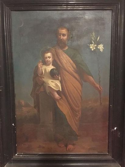 null ECOLE FRANCAISE du XIXème siècle Saint Joseph et l'enfant Jésus Huile sur toile...
