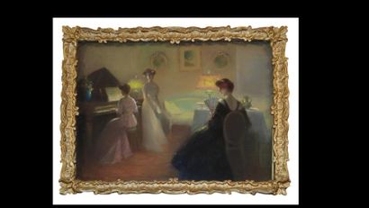null H. PASQUIER (XIX-XX) La préparation du bouquet/Soirée autour du piano Deux pastels...