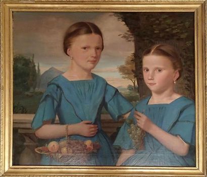 null ECOLE AUTRICHIENNE du XIXème siècle Portrait de deux jeunes filles à la corbeille...
