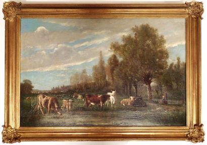 null Félix MOREL-LAMY (?-1880) Gardienne et son troupeau Huile sur toile, signée...