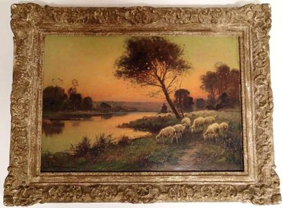 null B.LANGEVIN (XXème siècle) Moutons au coucher du soleil Huile sur toile, signée...