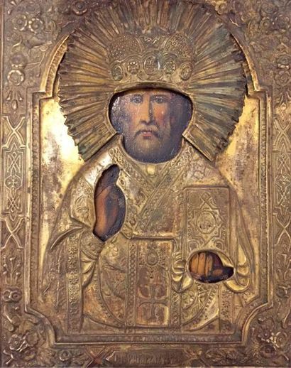 null ICÔNE : SAINT NICOLAS LE THAUMATURGE mitré, bénissant. Riza en métal. Russie,...