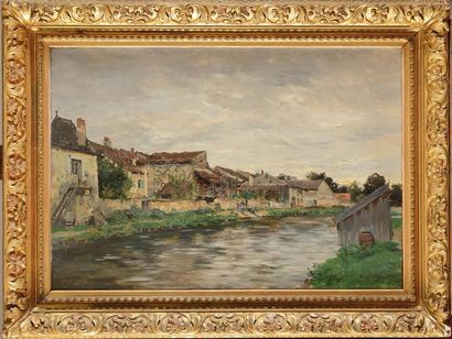 null Edmond PETITJEAN (1844-1925) Lavandières devant le village Huile sur toile Signée...