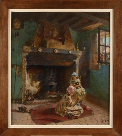 null Fairchild Mary LOW (1858-1946) En veillant la marmite Huile sur toile Signée...