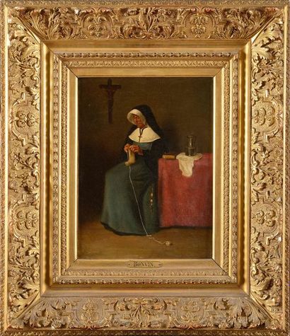 null François BONVIN (1817-1887) Religieuse tricotant Huile sur toile Signée en bas...