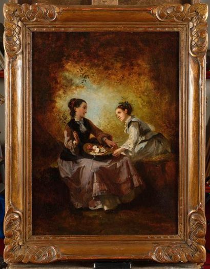 null Paul L. BILLOU (1821-1868) La préparation du bouquet Huile sur toile (rentoilage)...