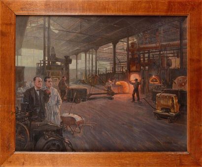 null Michel-Adrien SERVANT (1885-1949) L’atelier de verrerie Huile sur toile Signée...