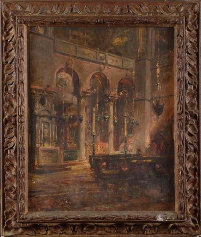 null Henri Émilien ROUSSEAU (1875-1933) Intérieur d’église Huile sur toile Signée...