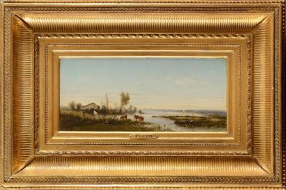 null Camille FLERS (1802-1868) Paysage de mer en Normandie Huile sur panneau Signé...