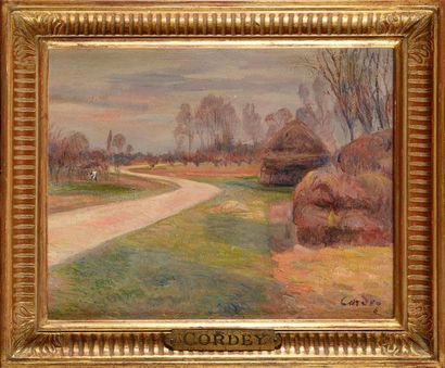 null Frédéric Samuel CORDEY (1854-1911) Paysage aux meules de foin Huile sur toile...