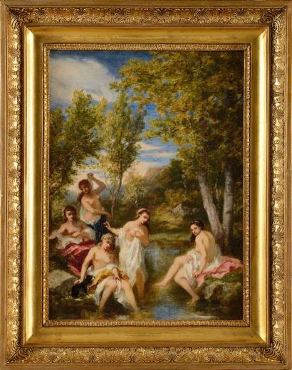 null Narcisse Virgile DIAZ DE LA PEÑA (1807-1876) Cinq femmes au bain Huile sur toile...