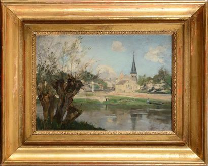 null René BILLOTTE (1846-1915) Paysage au bord d'une rivière Huile sur panneau Signé...