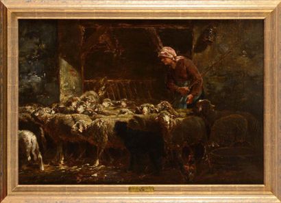 null Charles Emile JACQUE (1813-1894) Bergère et ses moutons Huile sur toile Signée...