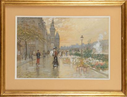 null Georges STEIN (1870-1955) Le marché aux fleurs, Quai de l’Horloge Aquarelle...