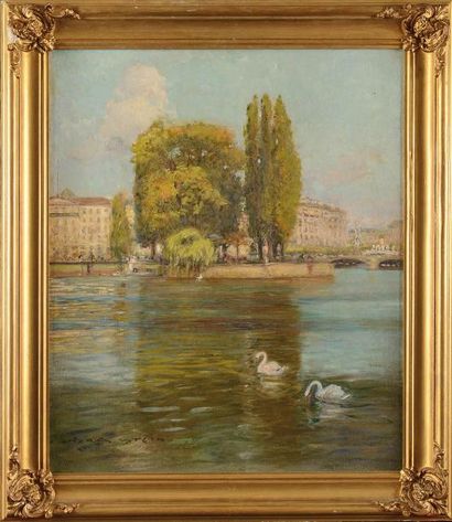 null Georges STEIN (1870-1955) Vue du Lac Léman, l’île Rousseau Huile sur toile Signée...