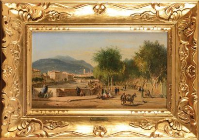 null Jules DEFER (1803-1902) Vue de Nice Huile sur carton Monogrammé et situé en...