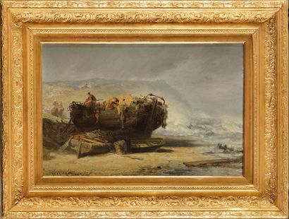 null Jules Achille NOEL (1815-1881) Barque sur la grève (Boulogne ?) Huile sur carton...