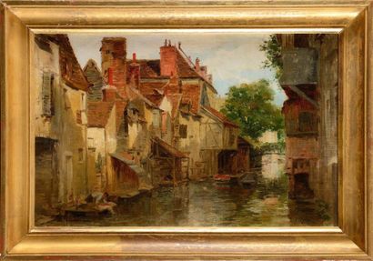 null Antony Paul Emile MORLON (c.1845-1905) Vue d'un canal à Montargis Huile sur...
