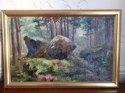 null Maurice PROUST (1867-1944) Rochers en forêt de Fontainebleau Paire d'huiles...