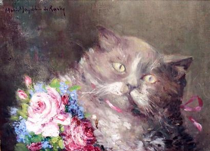null Marie Madeleine DE RASKY (1897-1982) Chat et bouquet de fleur Huile sur toile...