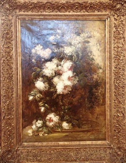 null ECOLE ANGLAISE DU XIXème siècle Bouquet de fleurs Huile sur toile 102 x 67 cm...