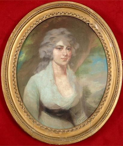 null ECOLE ANGLAISE du XIXème siècle Portrait de femme Pastel à vue ovale Signé V....
