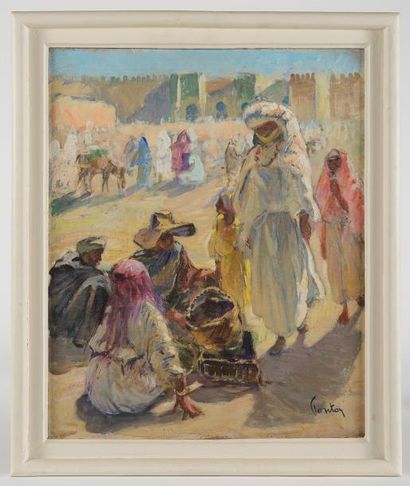 null Henri Jean PONTOY (1888-1968) Scène animée à l'entrée de la Kasbah Huile sur...