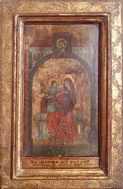 null ICONE sur bois La Vierge à l'Enfant XIXème siècle 36 x 20 cm (manques de ma...
